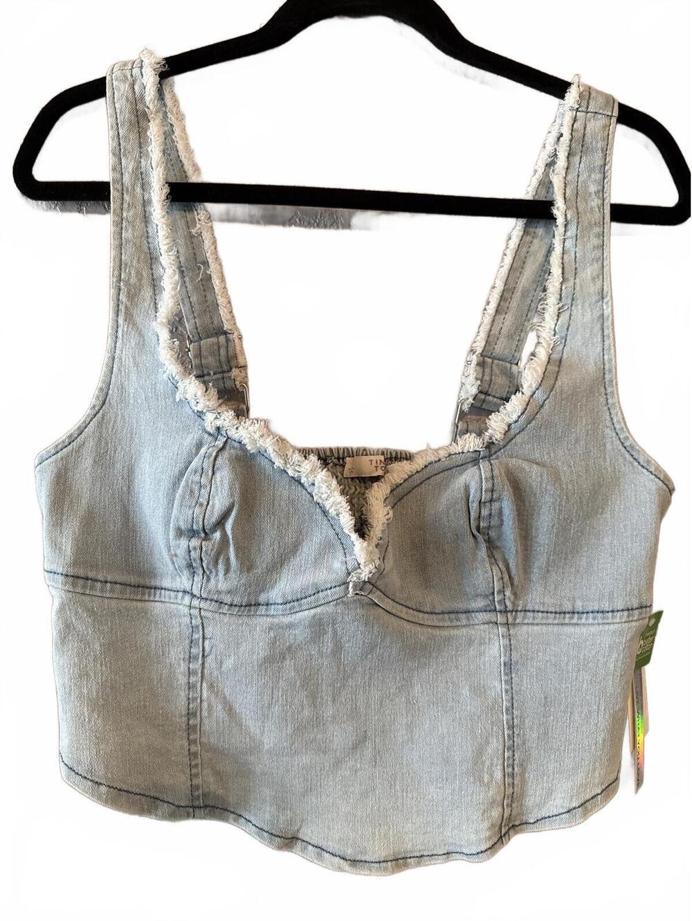 Tinsel Town Light Blue Denim Crop Top with Adjustable Straps Large